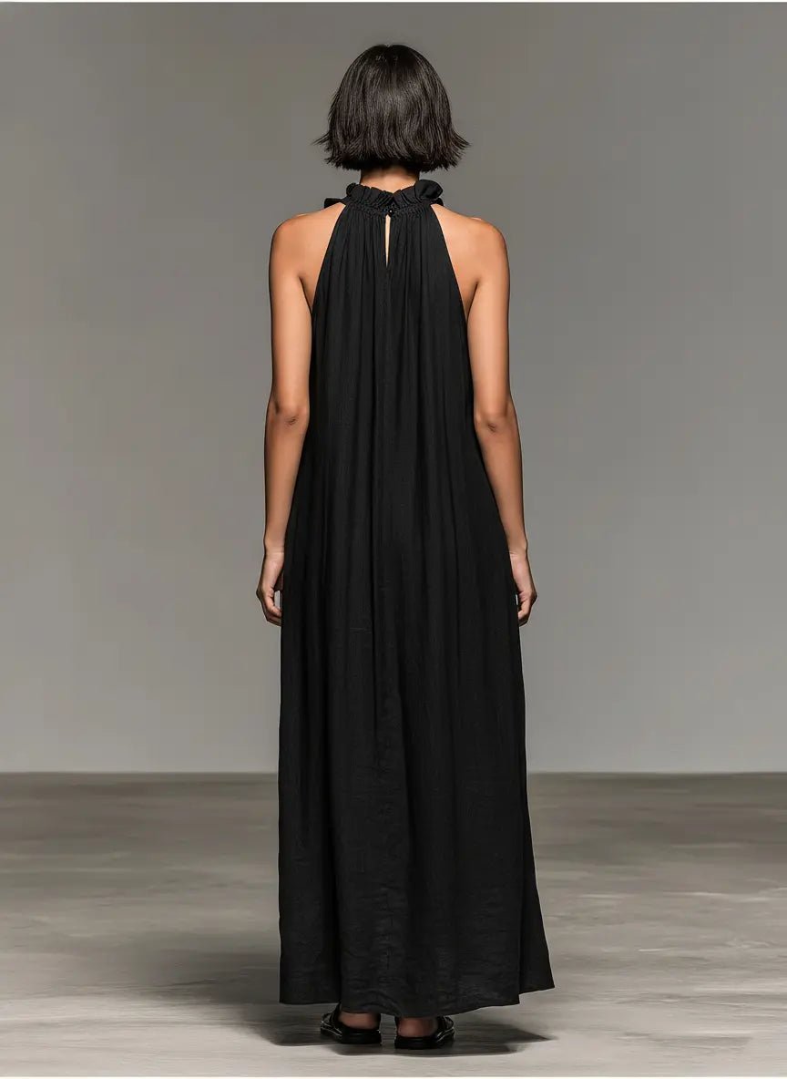 Damen Ärmellose Linnen Maxi-Kleid mit Rüschen-Details