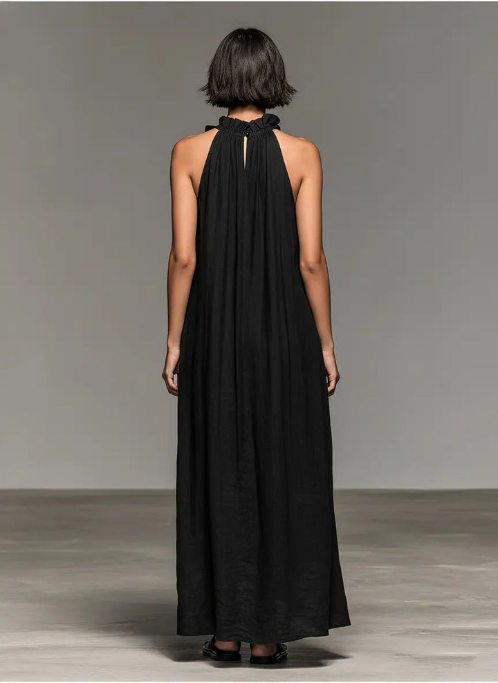 Damen Ärmellose Linnen Maxi-Kleid mit Rüschen-Details
