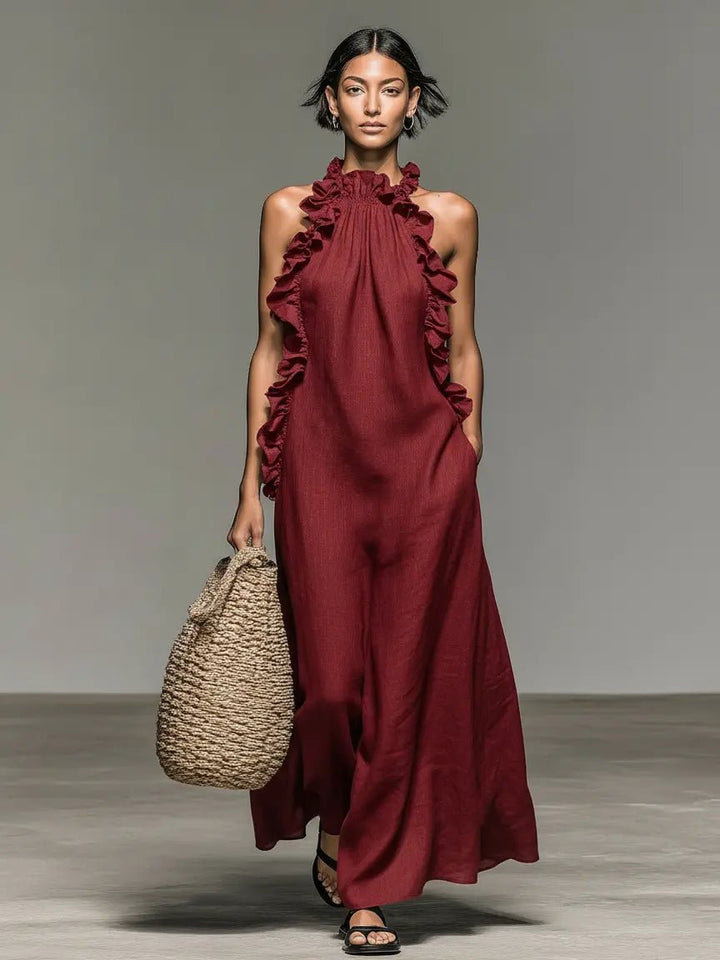 Damen Ärmellose Linnen Maxi-Kleid mit Rüschen-Details - Red