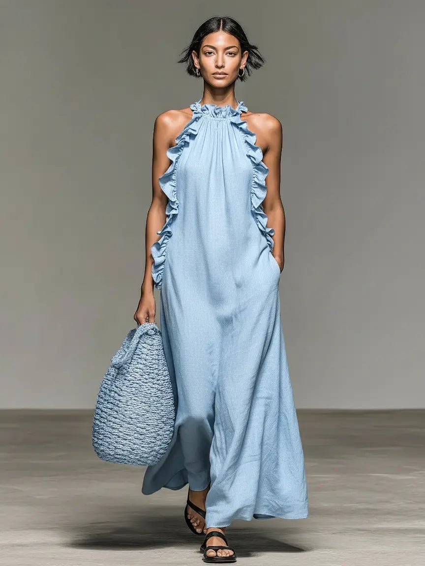 Damen Ärmellose Linnen Maxi-Kleid mit Rüschen-Details - Light Blue