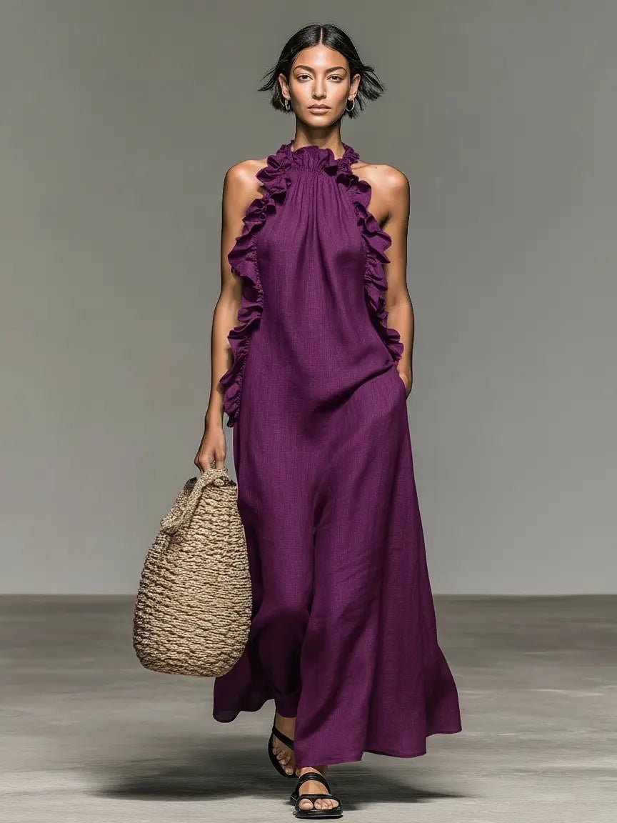 Damen Ärmellose Linnen Maxi-Kleid mit Rüschen-Details - Purple