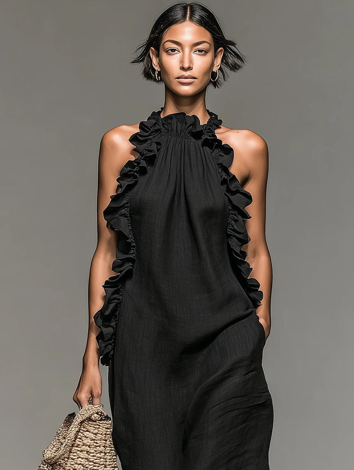 Damen Ärmellose Linnen Maxi-Kleid mit Rüschen-Details