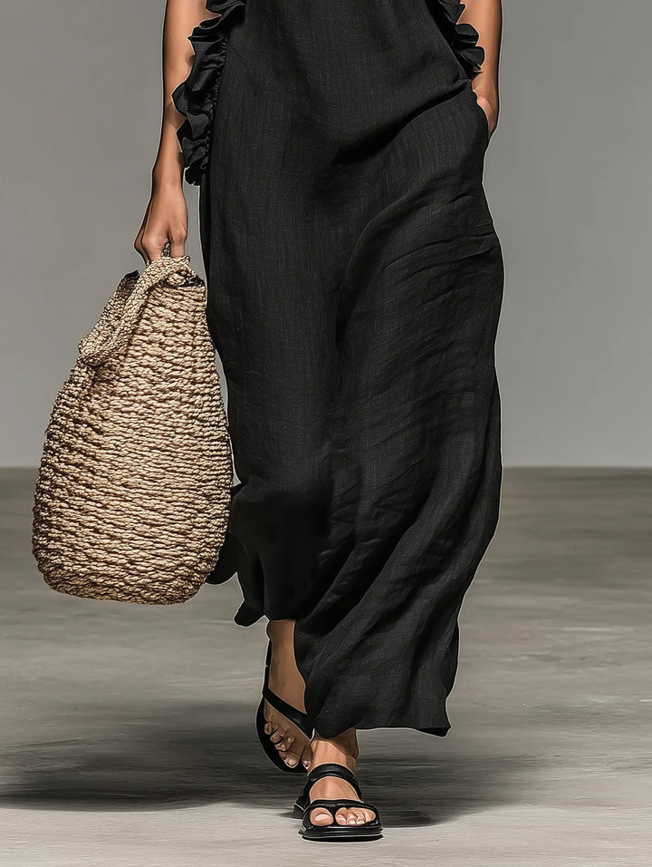 Damen Ärmellose Linnen Maxi-Kleid mit Rüschen-Details