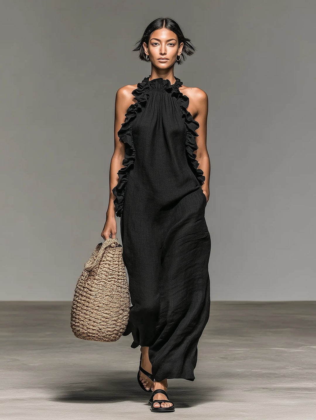 Damen Ärmellose Linnen Maxi-Kleid mit Rüschen-Details