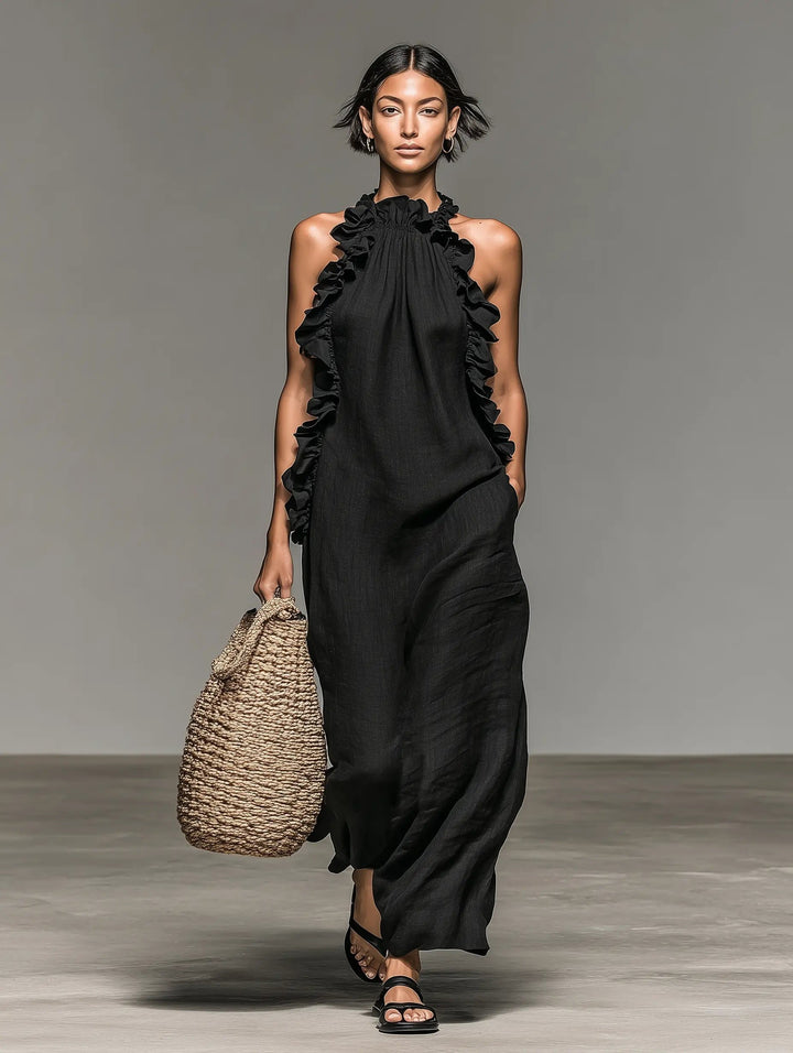 Damen Ärmellose Linnen Maxi-Kleid mit Rüschen-Details