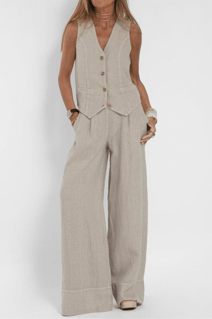Damen Ärmellose Weit Geschnittene Two-Piece Set Weste Hose - Beige