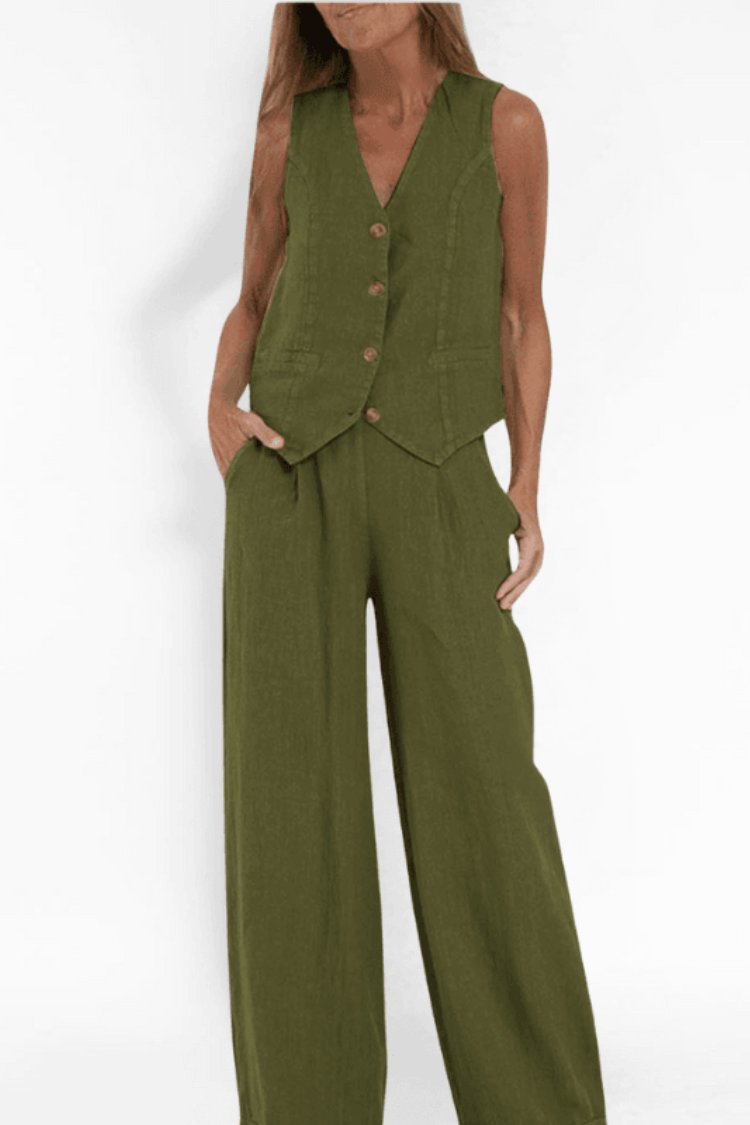 Damen Ärmellose Weit Geschnittene Two-Piece Set Weste Hose - Green