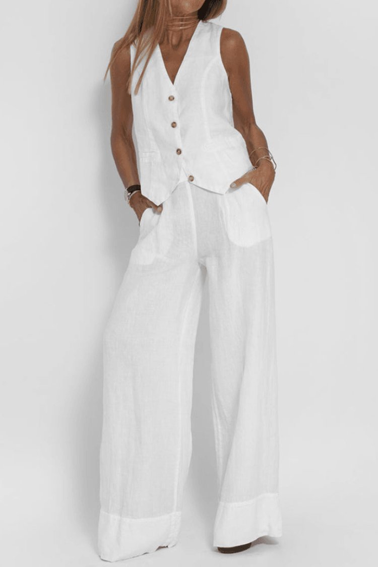 Damen Ärmellose Weit Geschnittene Two-Piece Set Weste Hose - White
