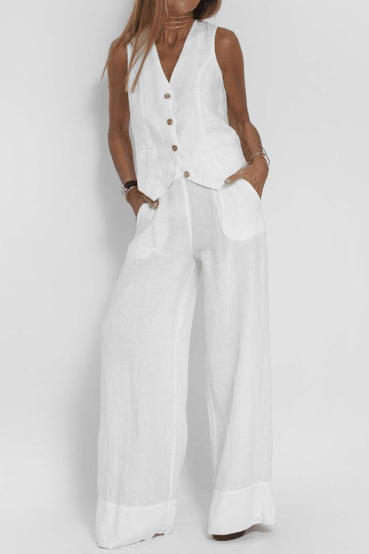 Damen Ärmellose Weit Geschnittene Two-Piece Set Weste Hose - White