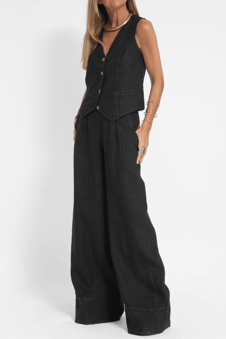 Damen Ärmellose Weit Geschnittene Two-Piece Set Weste Hose - Black