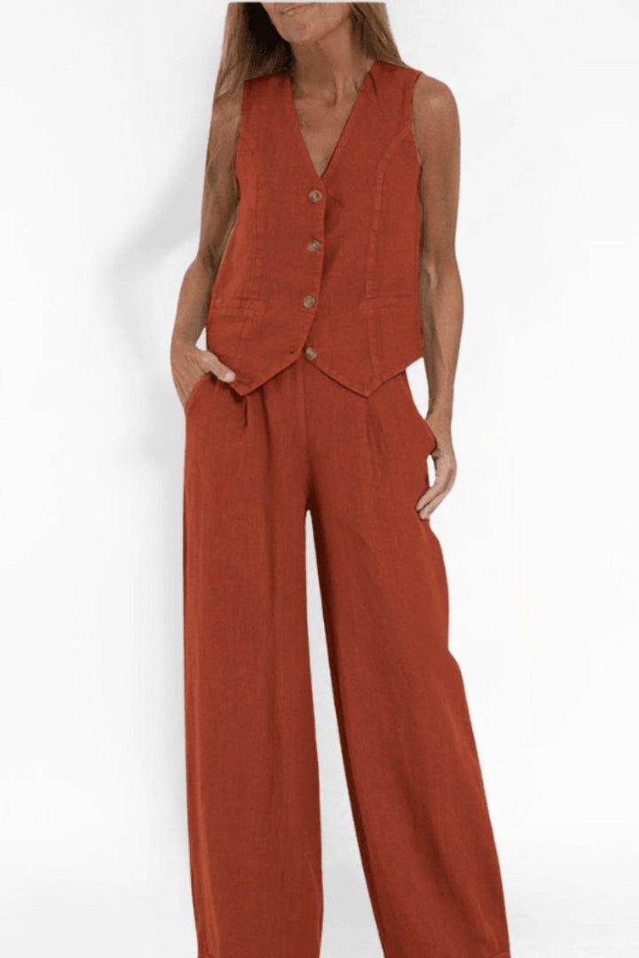 Damen Ärmellose Weit Geschnittene Two-Piece Set Weste Hose - Orange