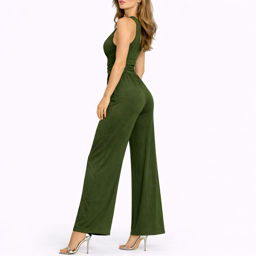 Damen Ärmelloser Weitbein-Jumpsuit Tiefem V-Ausschnitt