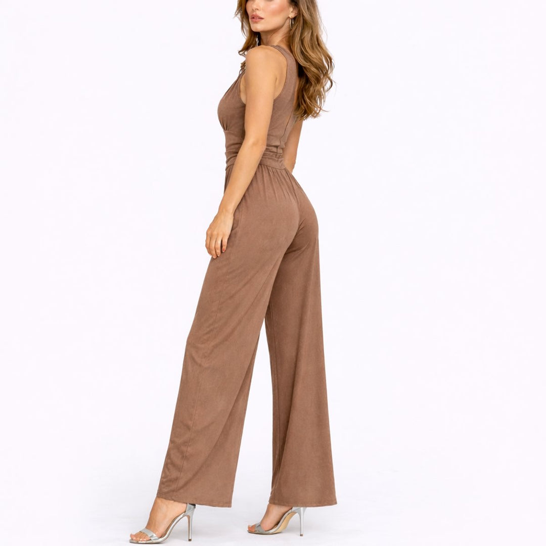 Damen Ärmelloser Weitbein-Jumpsuit Tiefem V-Ausschnitt