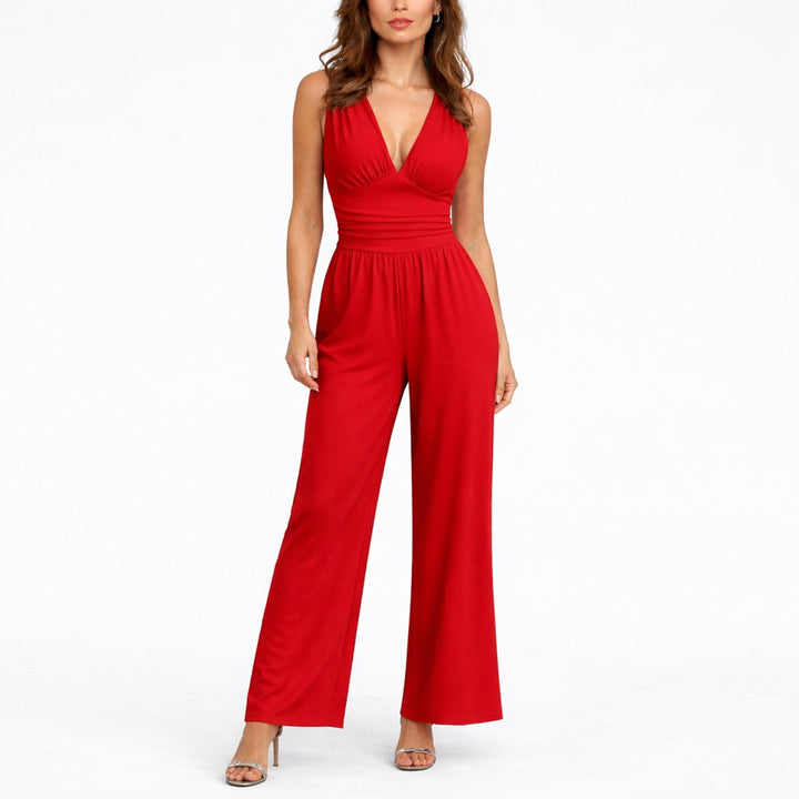Damen Ärmelloser Weitbein-Jumpsuit Tiefem V-Ausschnitt - Rot