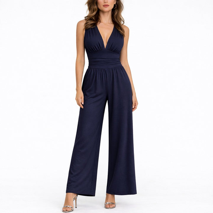 Damen Ärmelloser Weitbein-Jumpsuit Tiefem V-Ausschnitt - Marineblau