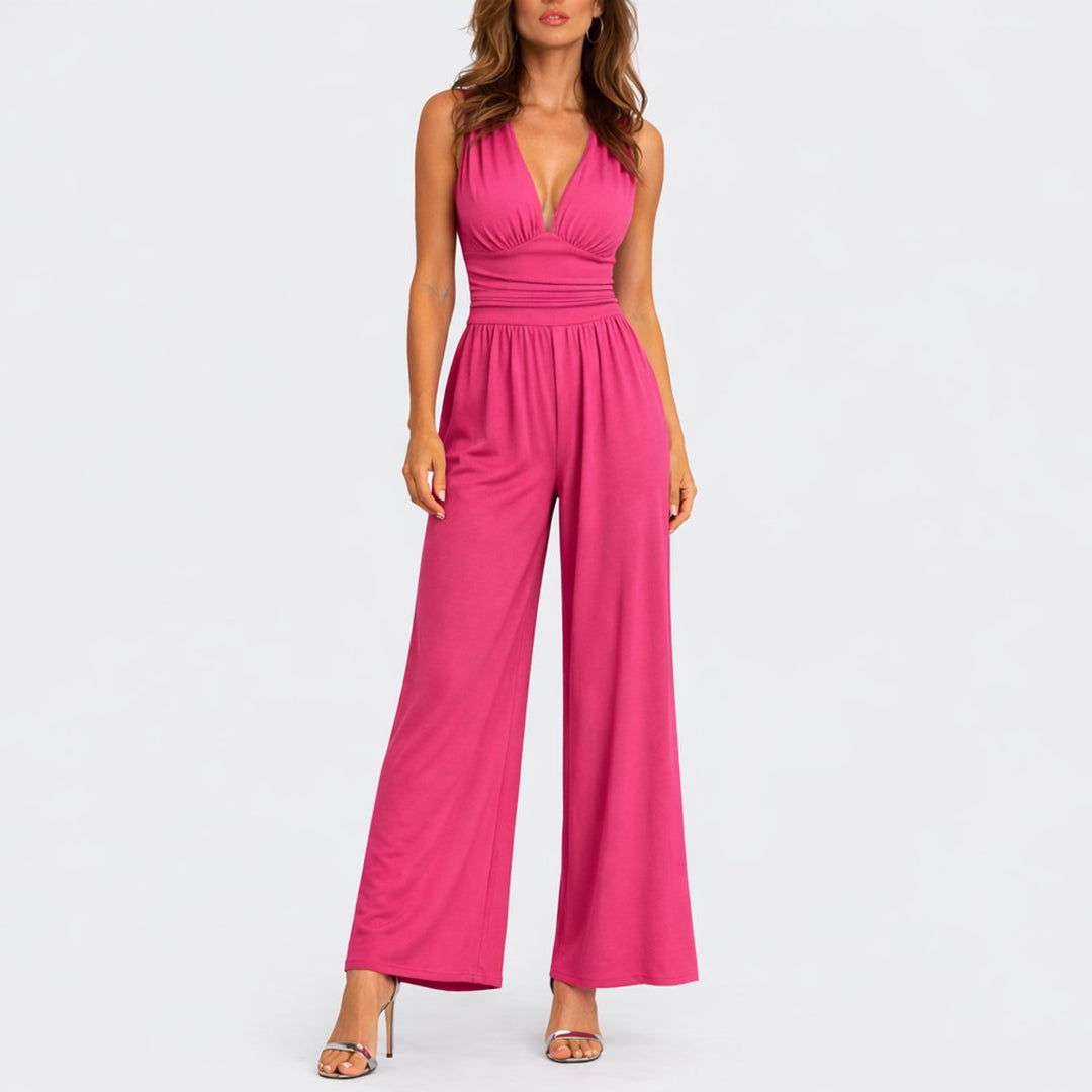 Damen Ärmelloser Weitbein-Jumpsuit Tiefem V-Ausschnitt - Rosa