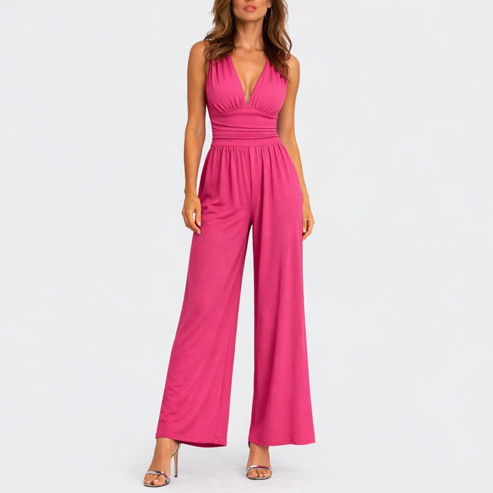 Damen Ärmelloser Weitbein-Jumpsuit Tiefem V-Ausschnitt - Rosa