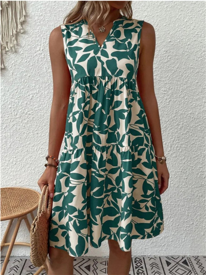 Damen Ärmelloses A-Linien Sommerkleid Tropisches Blattmuster V-Ausschnitt - Grün