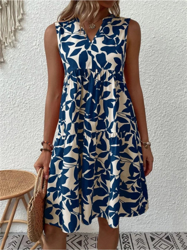 Damen Ärmelloses A-Linien Sommerkleid Tropisches Blattmuster V-Ausschnitt - Blau
