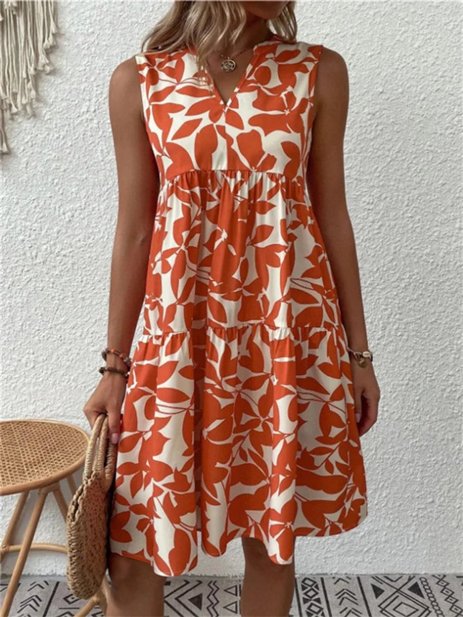 Damen Ärmelloses A-Linien Sommerkleid Tropisches Blattmuster V-Ausschnitt - Rot