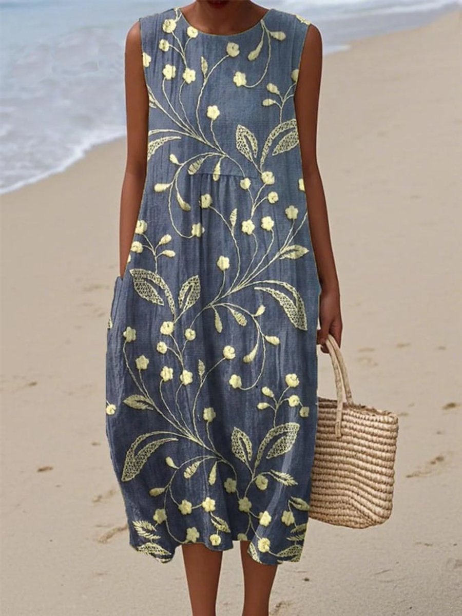 Damen Ärmelloses Blumen-Midi-Kleid Lockere Sommersilhouette - Blau
