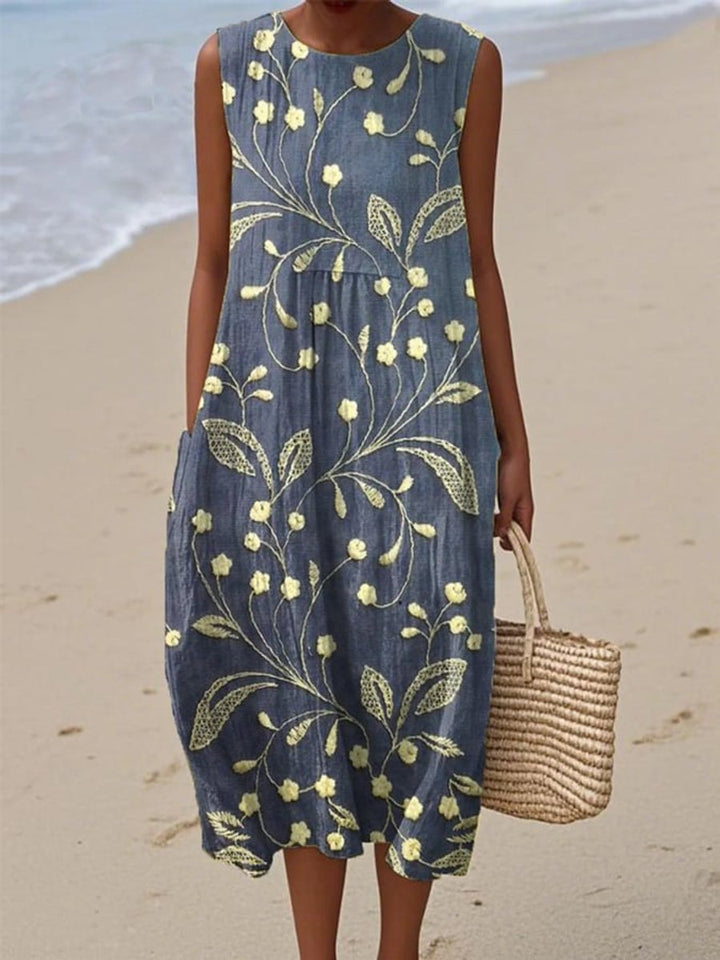 Damen Ärmelloses Blumen-Midi-Kleid Lockere Sommersilhouette - Blau