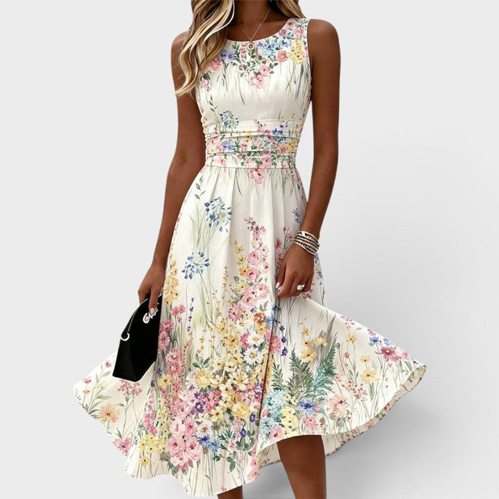 Damen Ärmelloses Blumen-Midikleid mit Taillierung A-Linie - Weiß