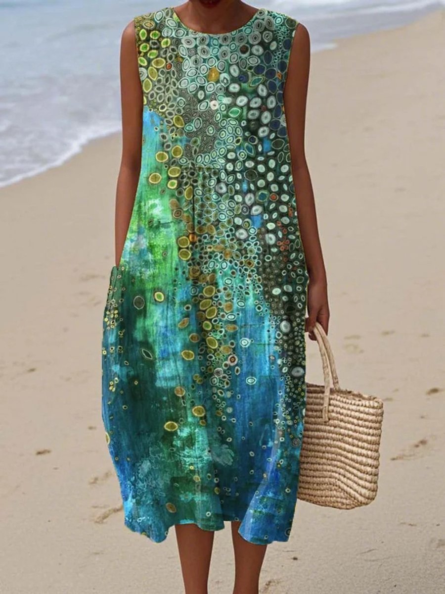 Damen Ärmelloses Buntes Strandkleid Midi Dress mit Rundhalsausschnitt