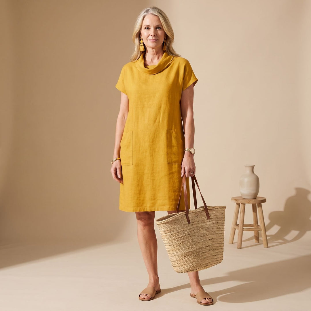 Damen Ärmelloses Casual Elegant Knielanges Kleid mit Taschen - Gelb
