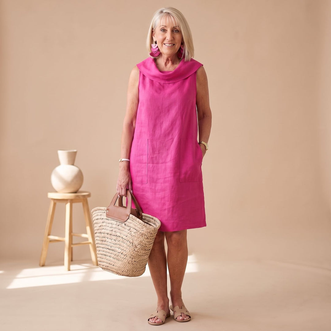 Damen Ärmelloses Casual Elegant Knielanges Kleid mit Taschen - Rosa