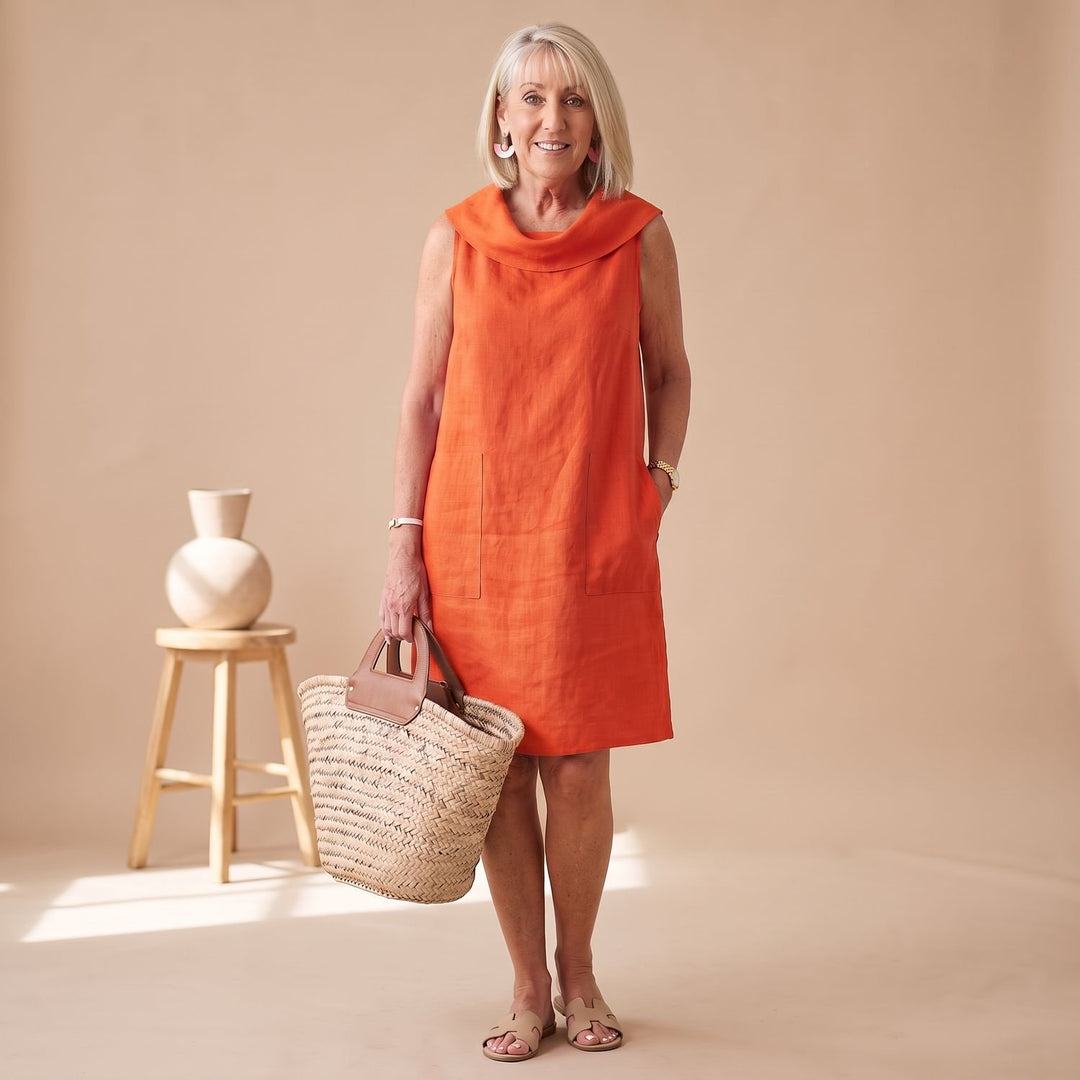 Damen Ärmelloses Casual Elegant Knielanges Kleid mit Taschen - Orange