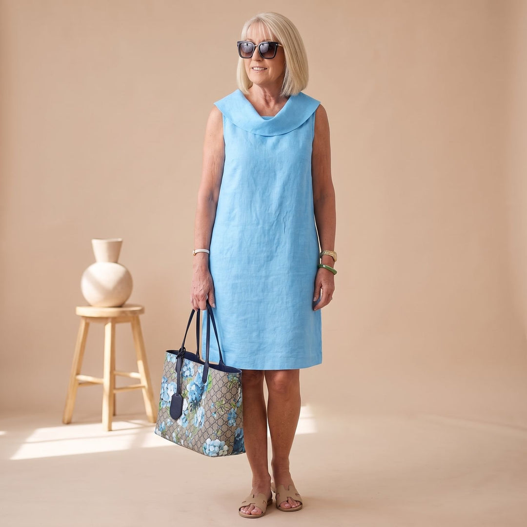 Damen Ärmelloses Casual Elegant Knielanges Kleid mit Taschen - Hellblau