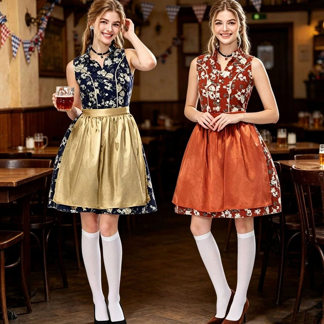 Damen Ärmelloses Dirndl Minikleid Blumenmuster mit Schürze