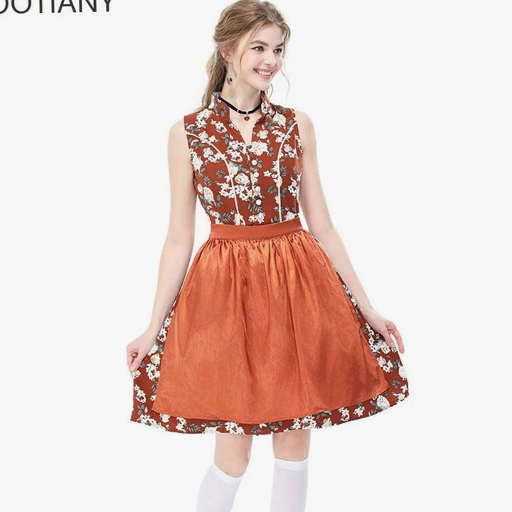 Damen Ärmelloses Dirndl Minikleid Blumenmuster mit Schürze - Blau Gold
