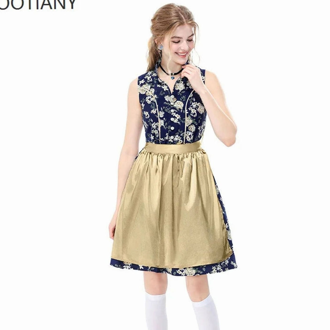 Damen Ärmelloses Dirndl Minikleid Blumenmuster mit Schürze - Rot Orange