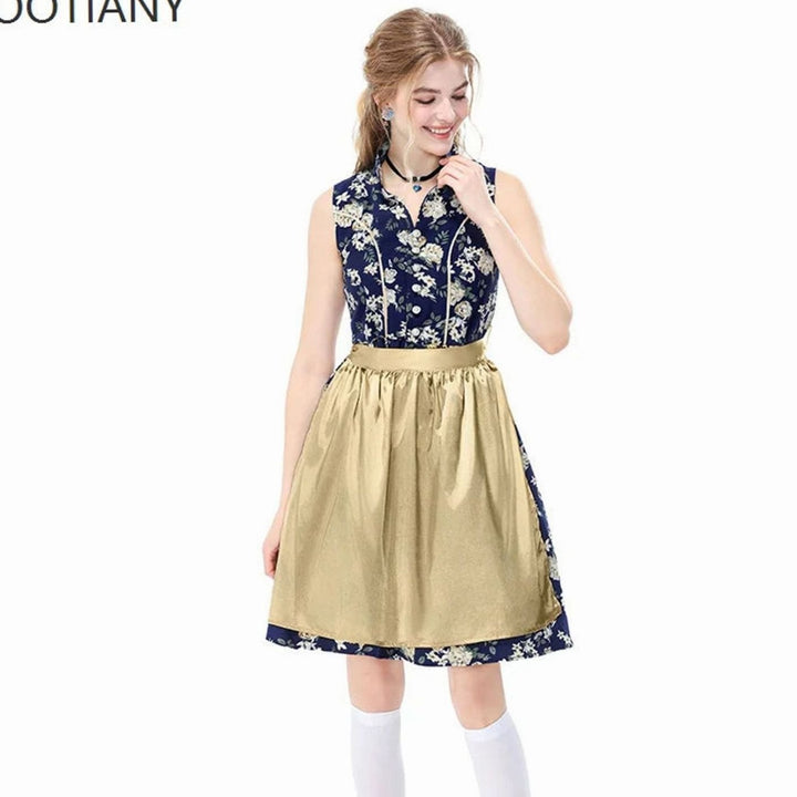 Damen Ärmelloses Dirndl Minikleid Blumenmuster mit Schürze - Rot Orange