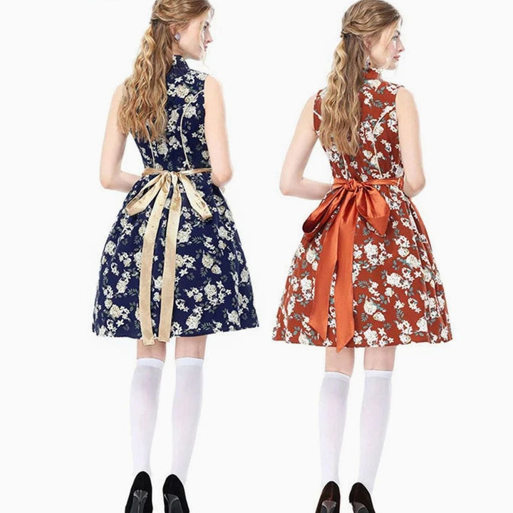 Damen Ärmelloses Dirndl Minikleid Blumenmuster mit Schürze