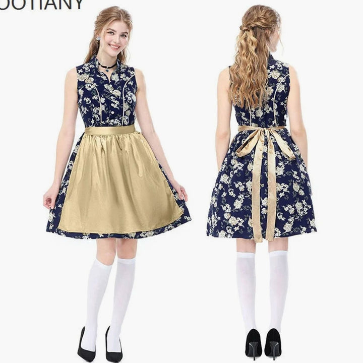 Damen Ärmelloses Dirndl Minikleid Blumenmuster mit Schürze