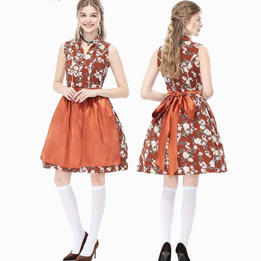 Damen Ärmelloses Dirndl Minikleid Blumenmuster mit Schürze