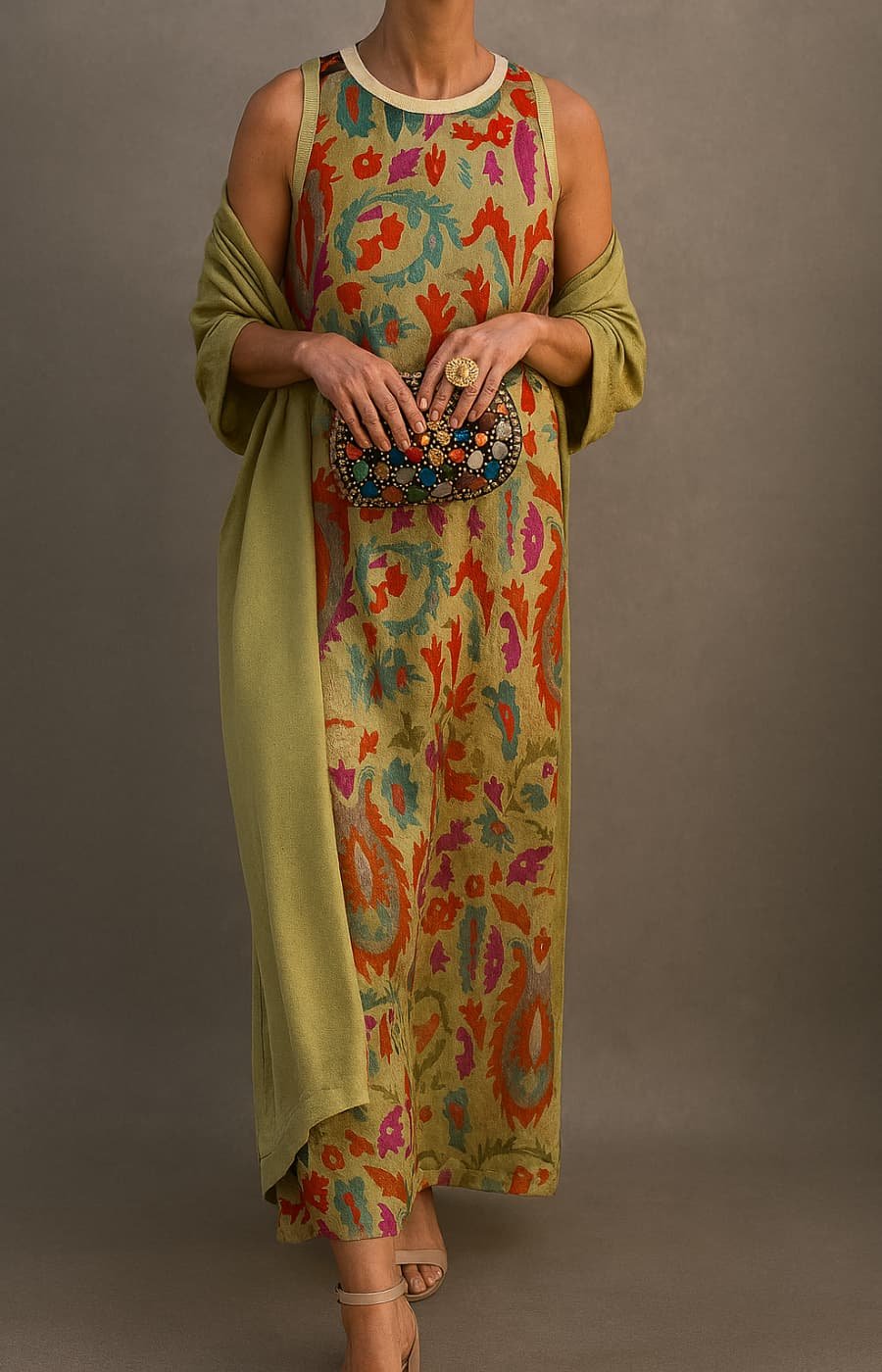 Damen Ärmelloses Florales Maxikleid mit Mantel Set - Green