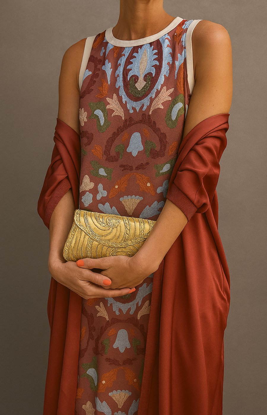 Damen Ärmelloses Florales Maxikleid mit Mantel Set - Brown
