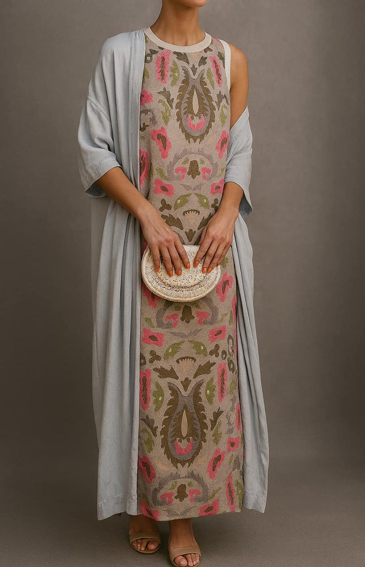 Damen Ärmelloses Florales Maxikleid mit Mantel Set - Khaki