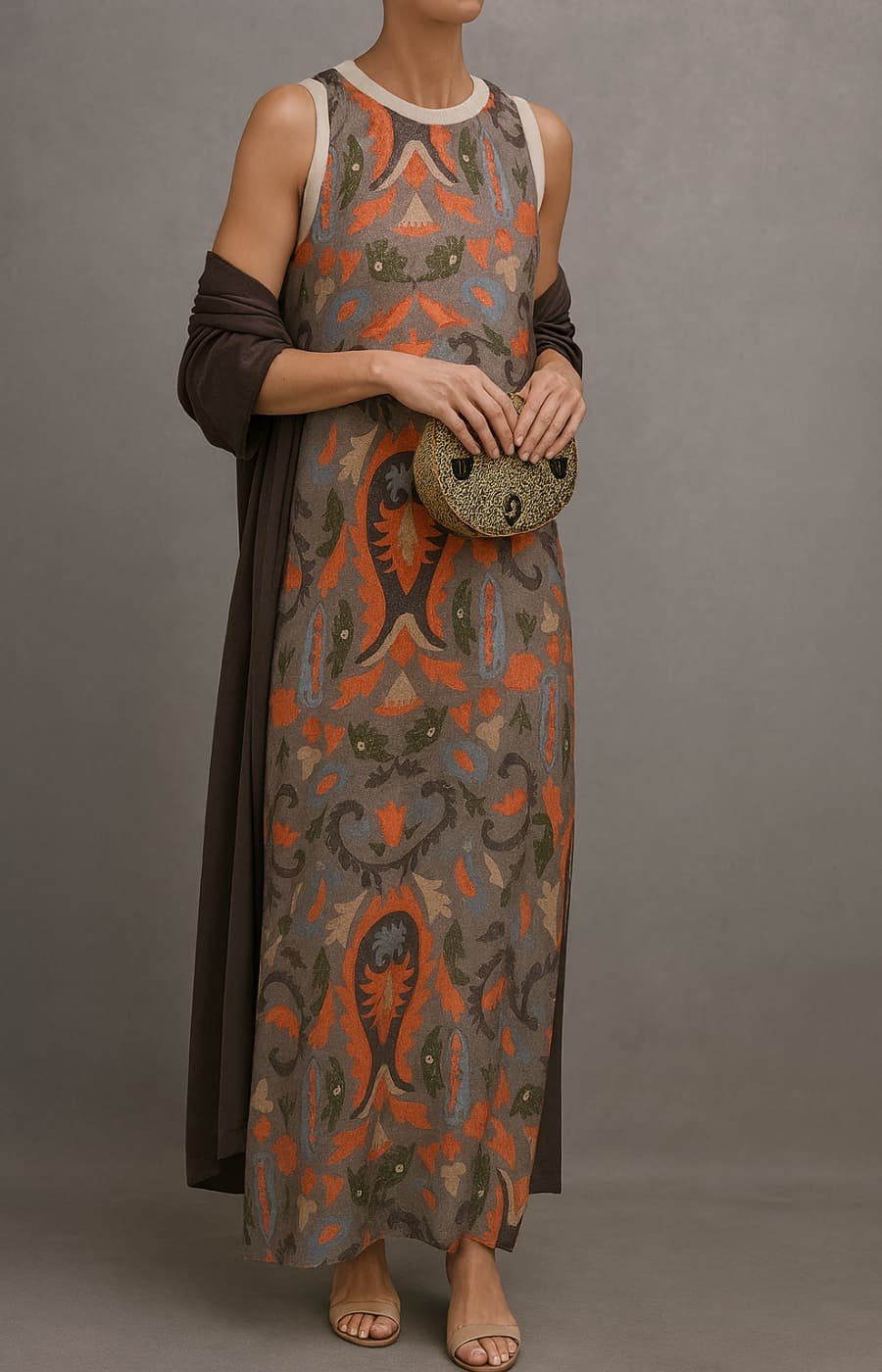 Damen Ärmelloses Florales Maxikleid mit Mantel Set - Gray