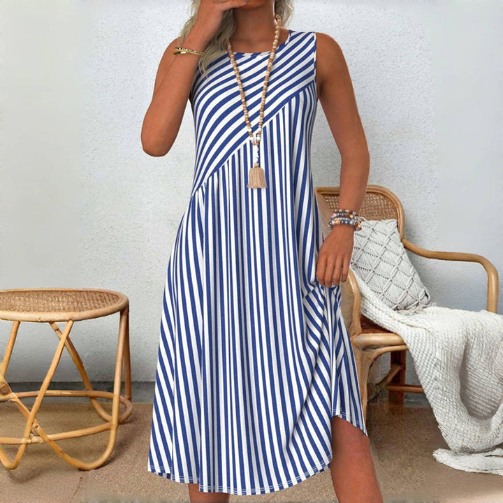 Damen Ärmelloses Gestreiftes Sommerkleid Lockere Passform - Blau und Weiß