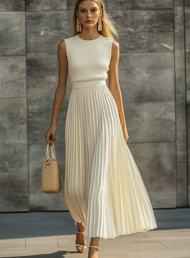 Damen Ärmelloses Maxi-Kleid mit Rippstrick-Oberteil und Plisseerock