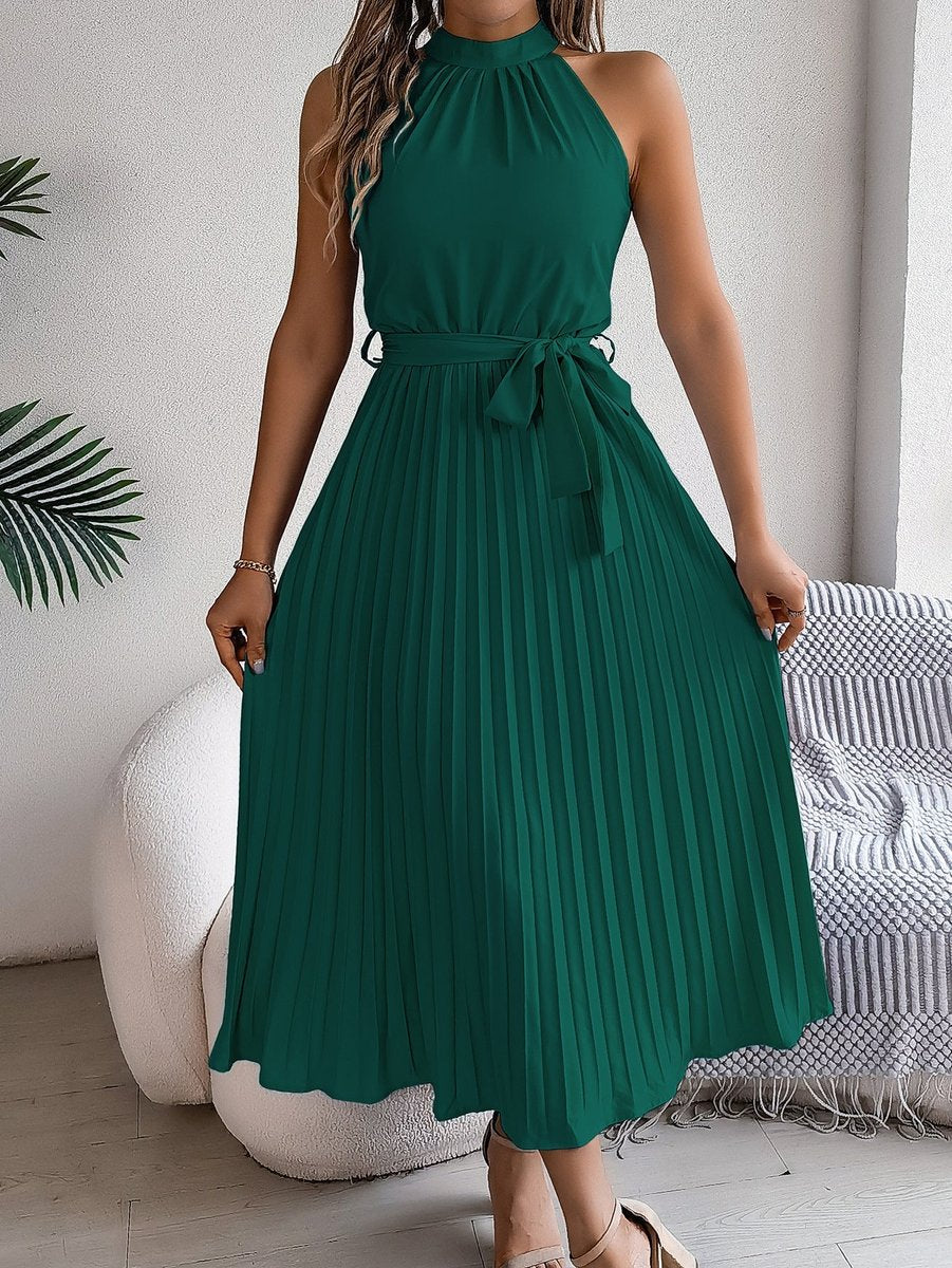 Damen ärmelloses Neckholder Maxikleid plissiert mit Bindegürtel - Grün