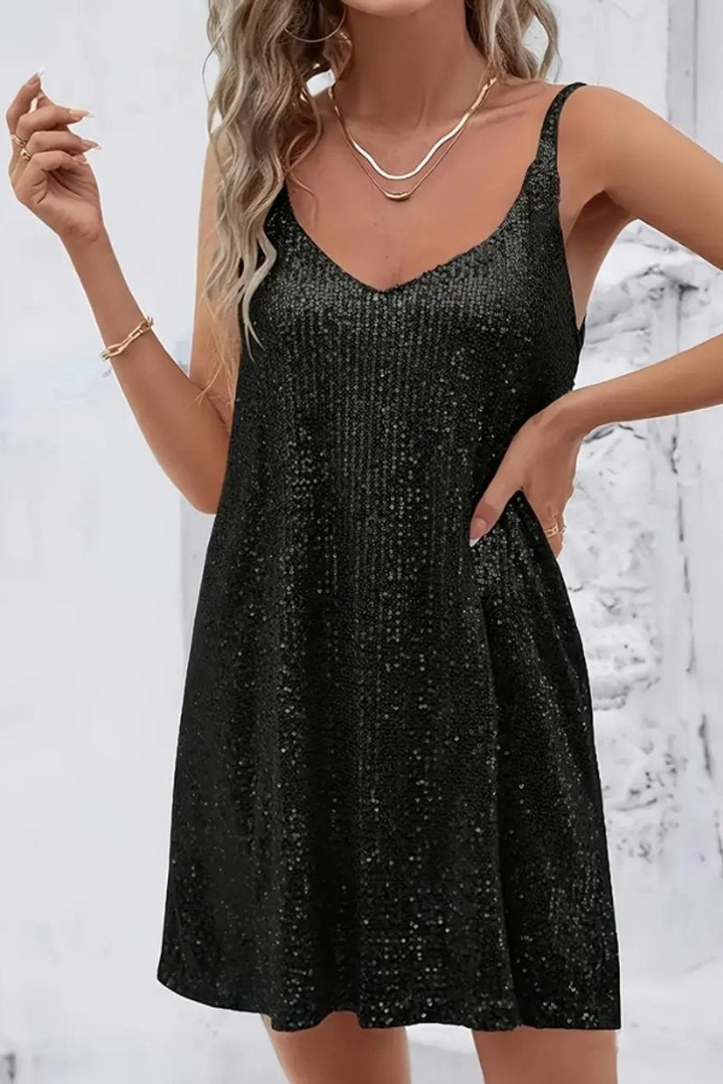 Damen Ärmelloses Pailletten-Cocktailkleid V-Ausschnitt Mini - Black