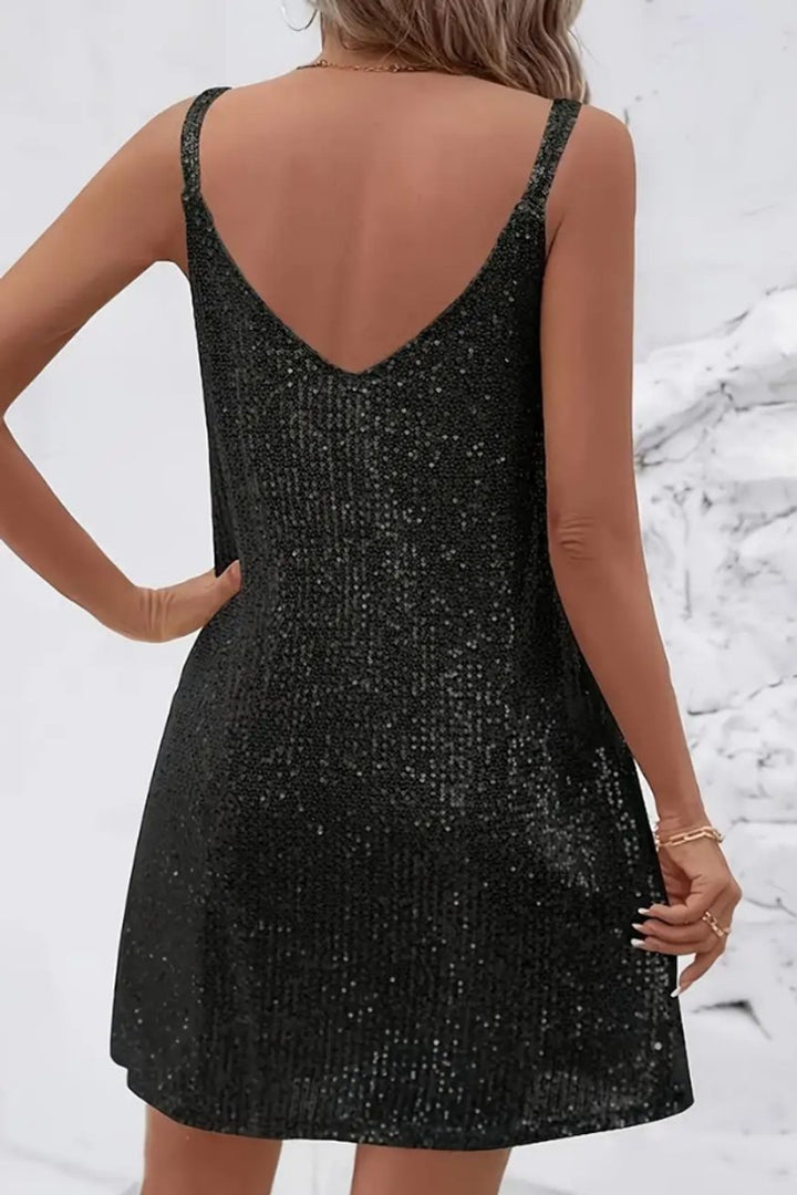 Damen Ärmelloses Pailletten-Cocktailkleid V-Ausschnitt Mini
