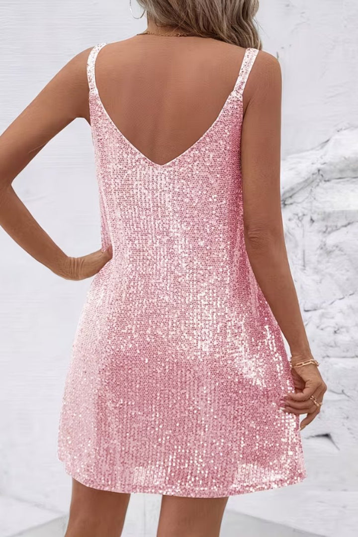 Damen Ärmelloses Pailletten-Cocktailkleid V-Ausschnitt Mini