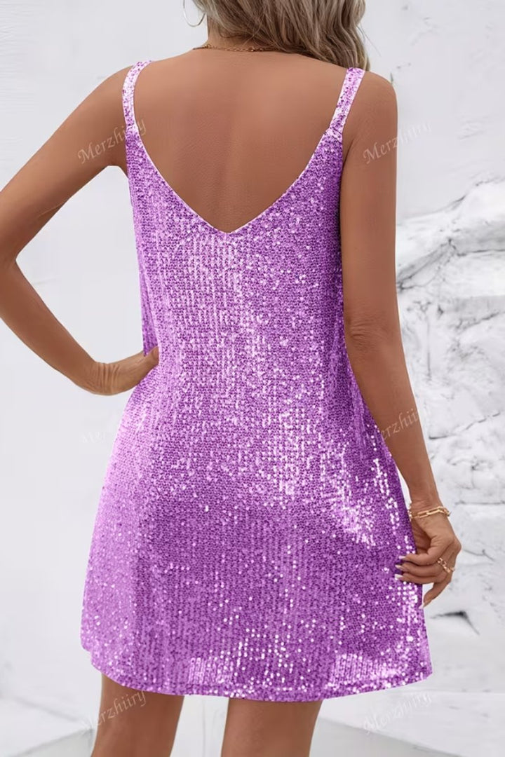 Damen Ärmelloses Pailletten-Cocktailkleid V-Ausschnitt Mini